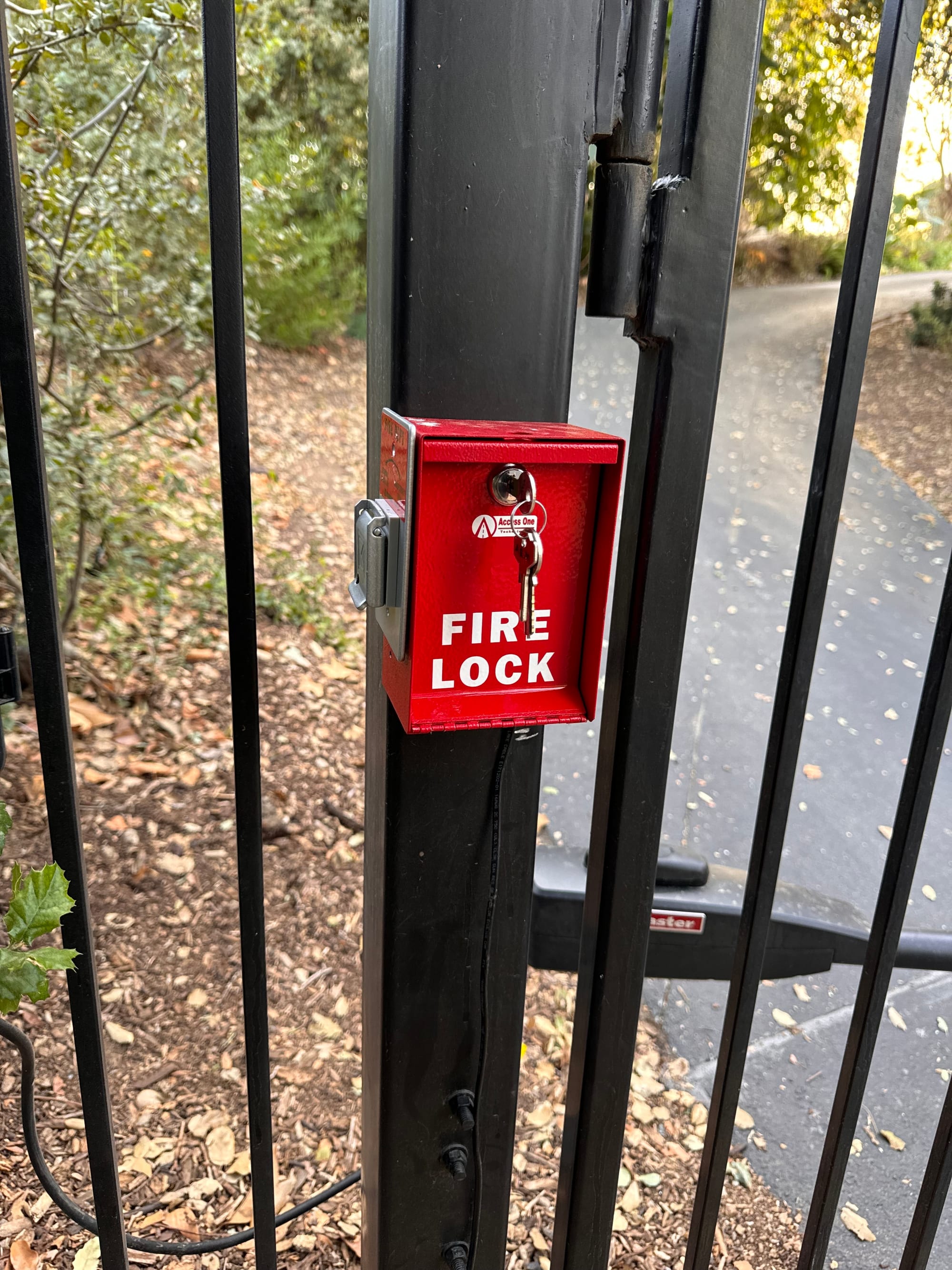 A wrought iron gate with a red fire department lock box and operator serviced in Perris, California