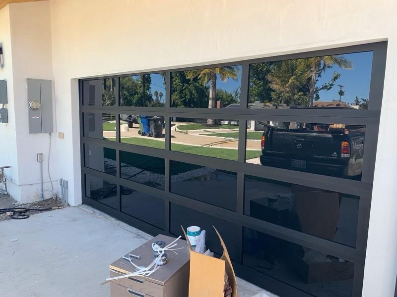 Black Full-View Glass Garage Door Installation, 24/7 Garage Door and Gate Services LLC, Inland Empire CA