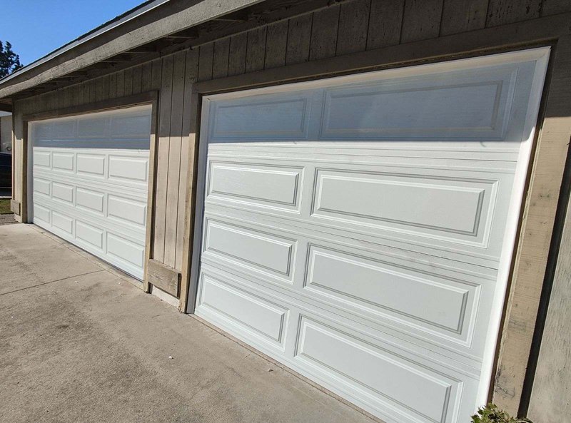 White Raised-Panel Double Garage Doors, 24/7 Garage Door and Gate Services LLC, Inland Empire CA